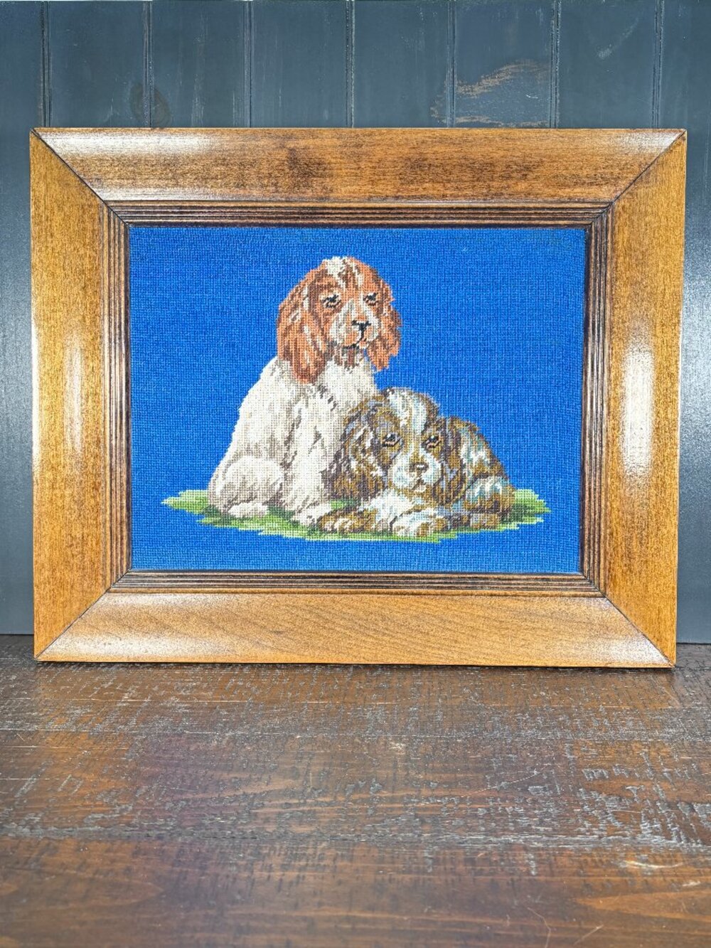 Vintage Needlepoint Spanel Dog Art in Solid Wood Frame, Blue Embroidery Puppies